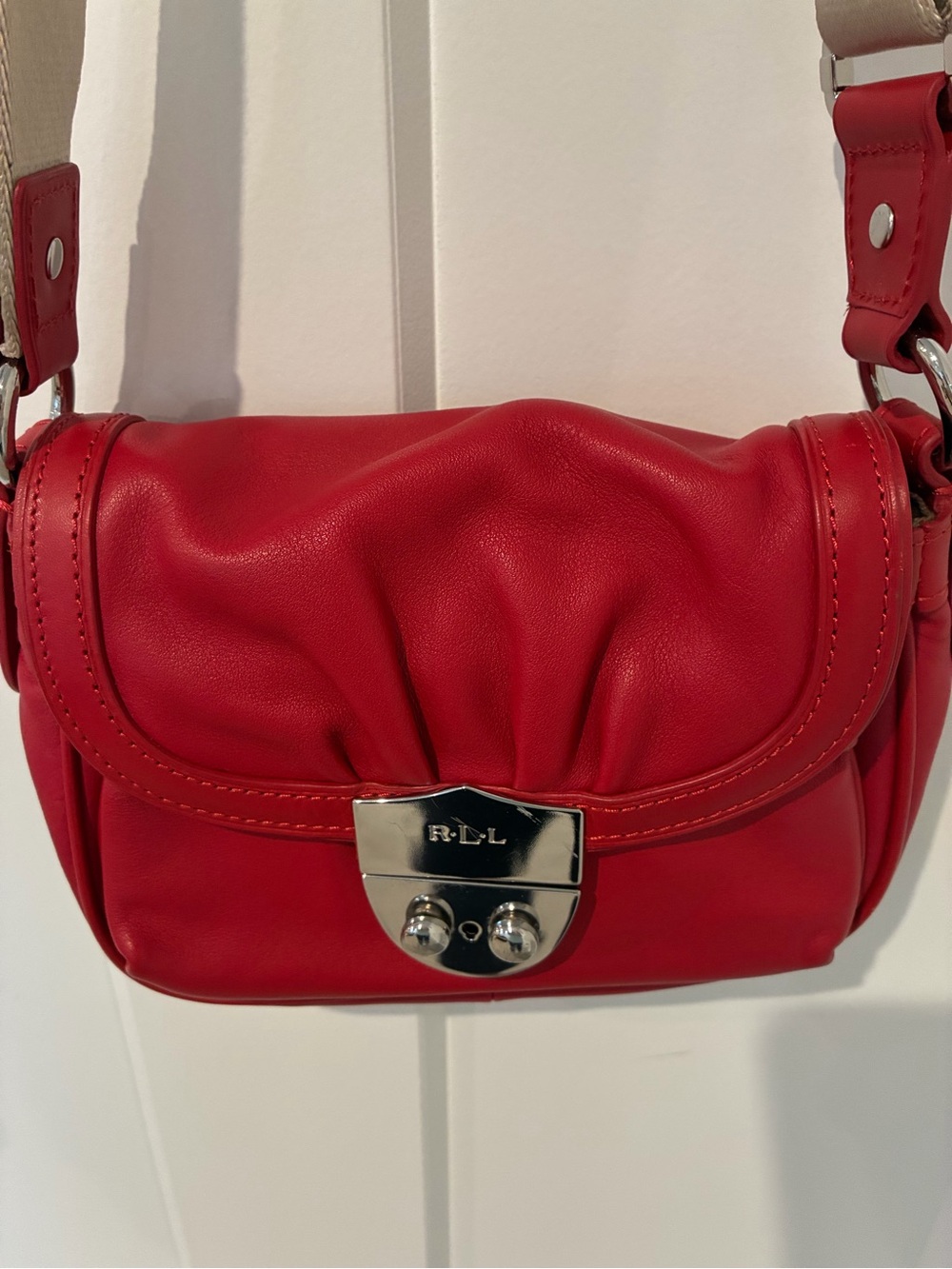 Lauren Ralph Lauren Red Leather Crossbody Bag with Silver-Tone Lock - Picture 1 of 4